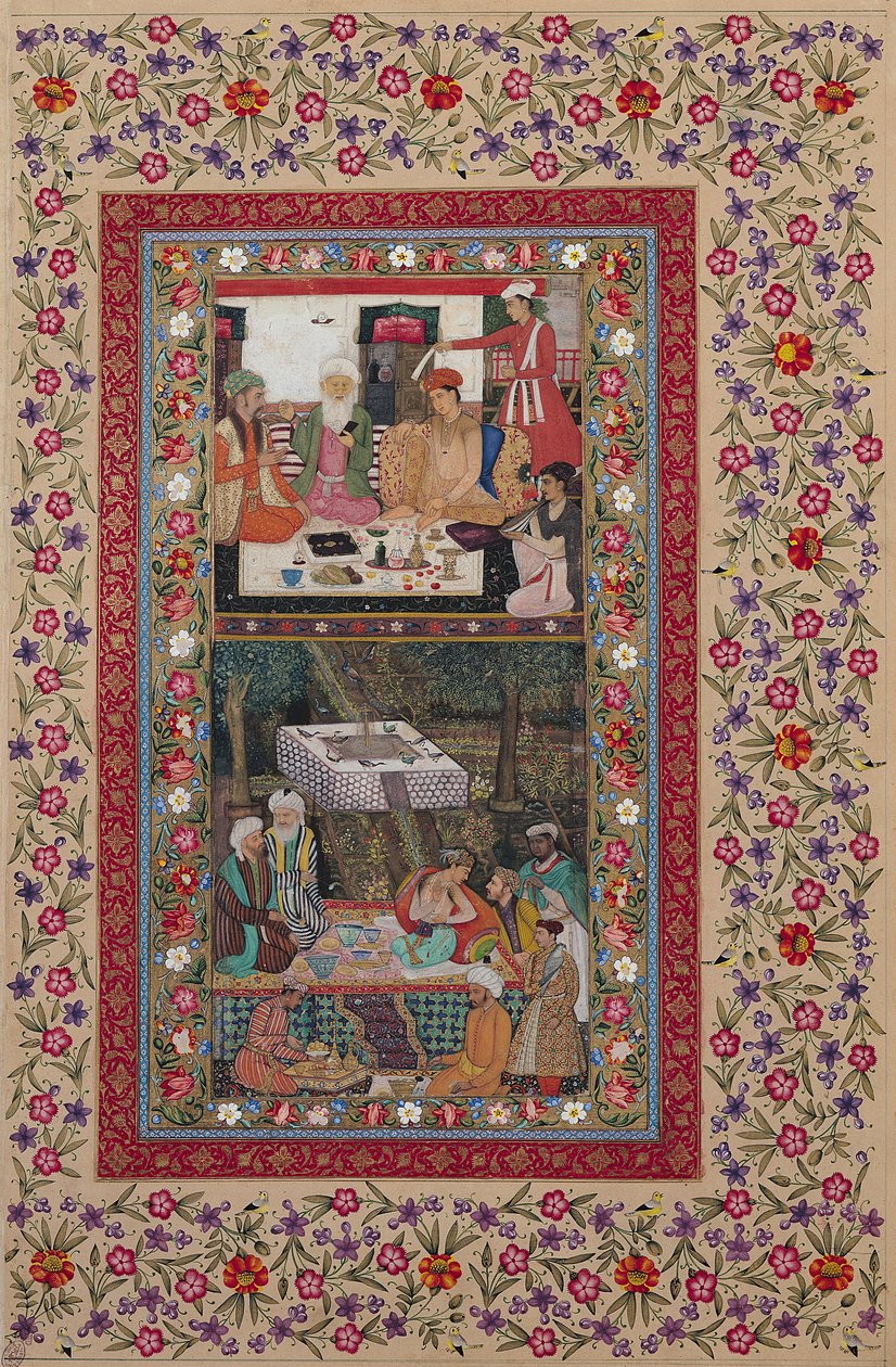 Ms E-14 verso de leitura e um banquete em um jardim de um Moraqqa de Indian School
