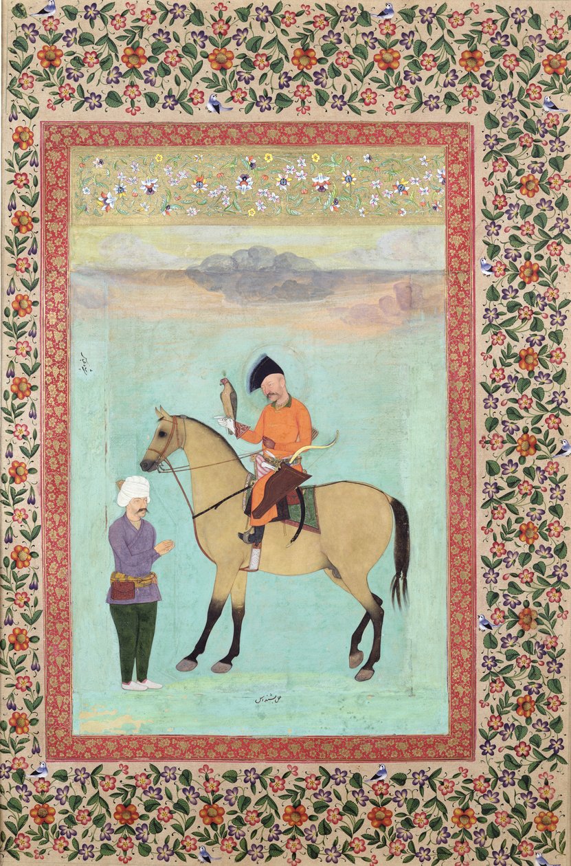 Ms E-14 Shah Abbas (1571-1629) em um cavalo segurando um falcão, c.1620 de Indian School
