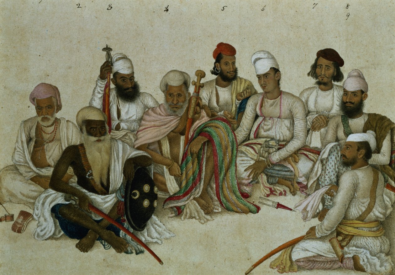 Nove cortesãos e servos do Raja Patiala, c.1817 (lápis e guache sobre papel) de Indian School
