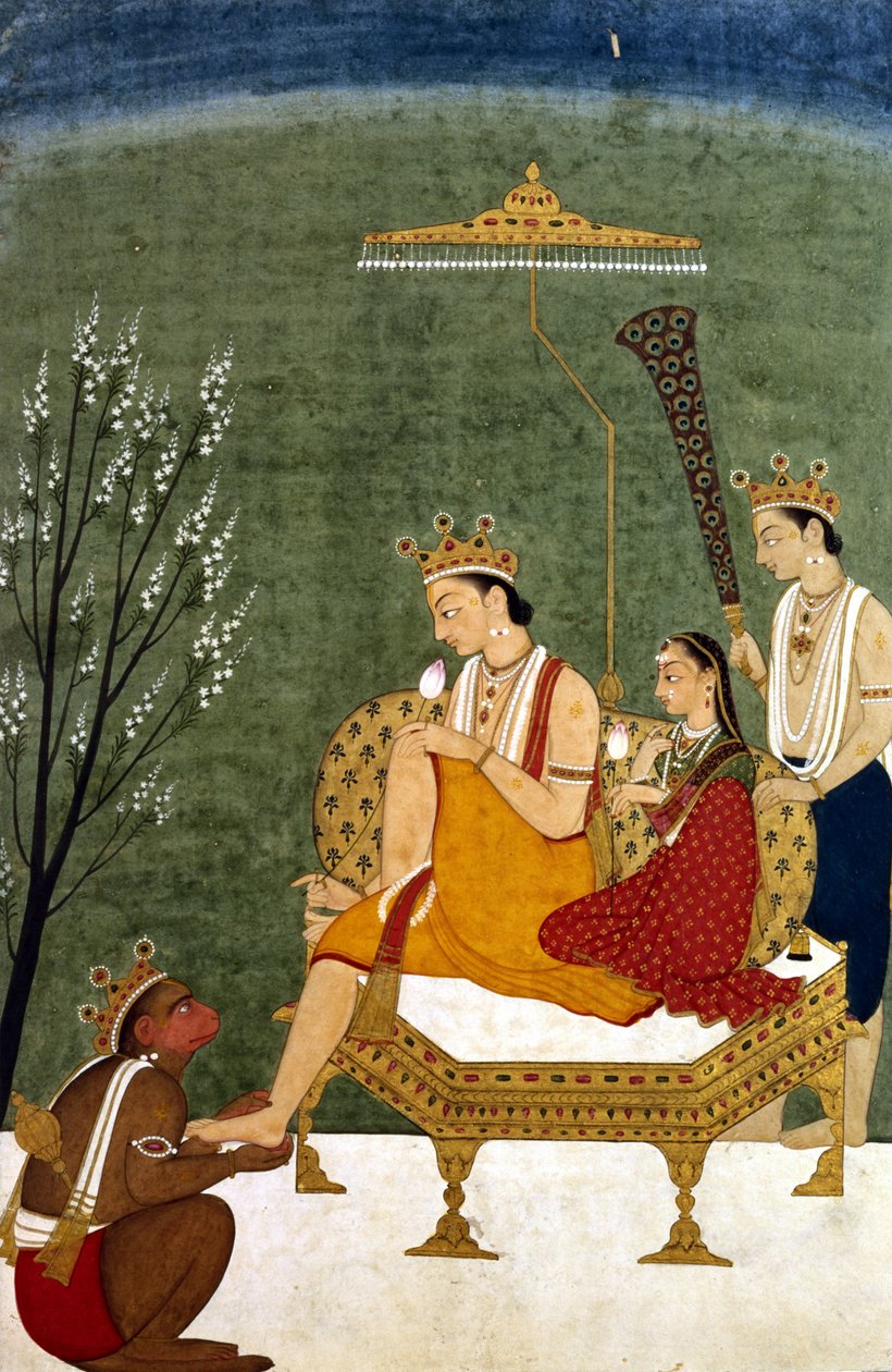 Sétima Encarnação de Vishnu como Rama-Chandra: Rama e Sita Reunidos (pintar no papel) de Indian School