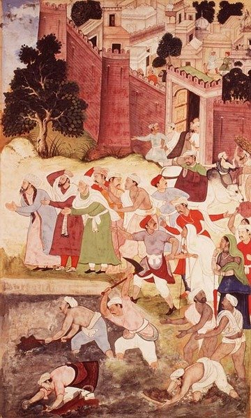 A Purificação do Kukur Talaoa perto de Nagor, do Akbarnama, Mughal, 1590-95 (wc opaco e ouro no papel) de Indian School