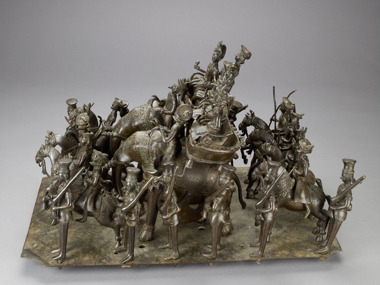 A cavalgada do rei de Oudh cavalgando com o residente britânico em elefantes, c.1820 (bronze) de Indian School