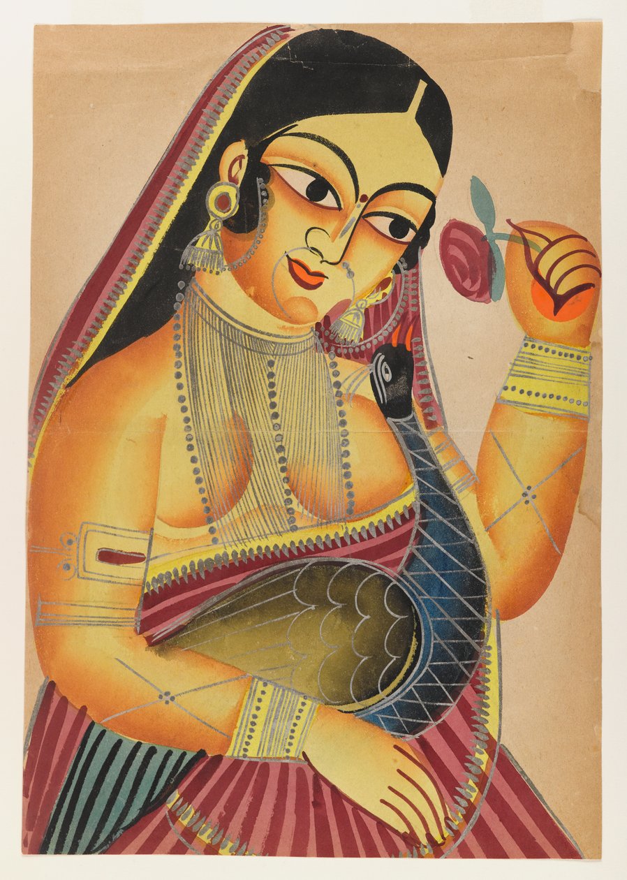 Deusa Lakshmi com uma rosa e um pavão, do final do século XIX ao início do século XX (wc em papel com detalhes em lata polida) de Indian School