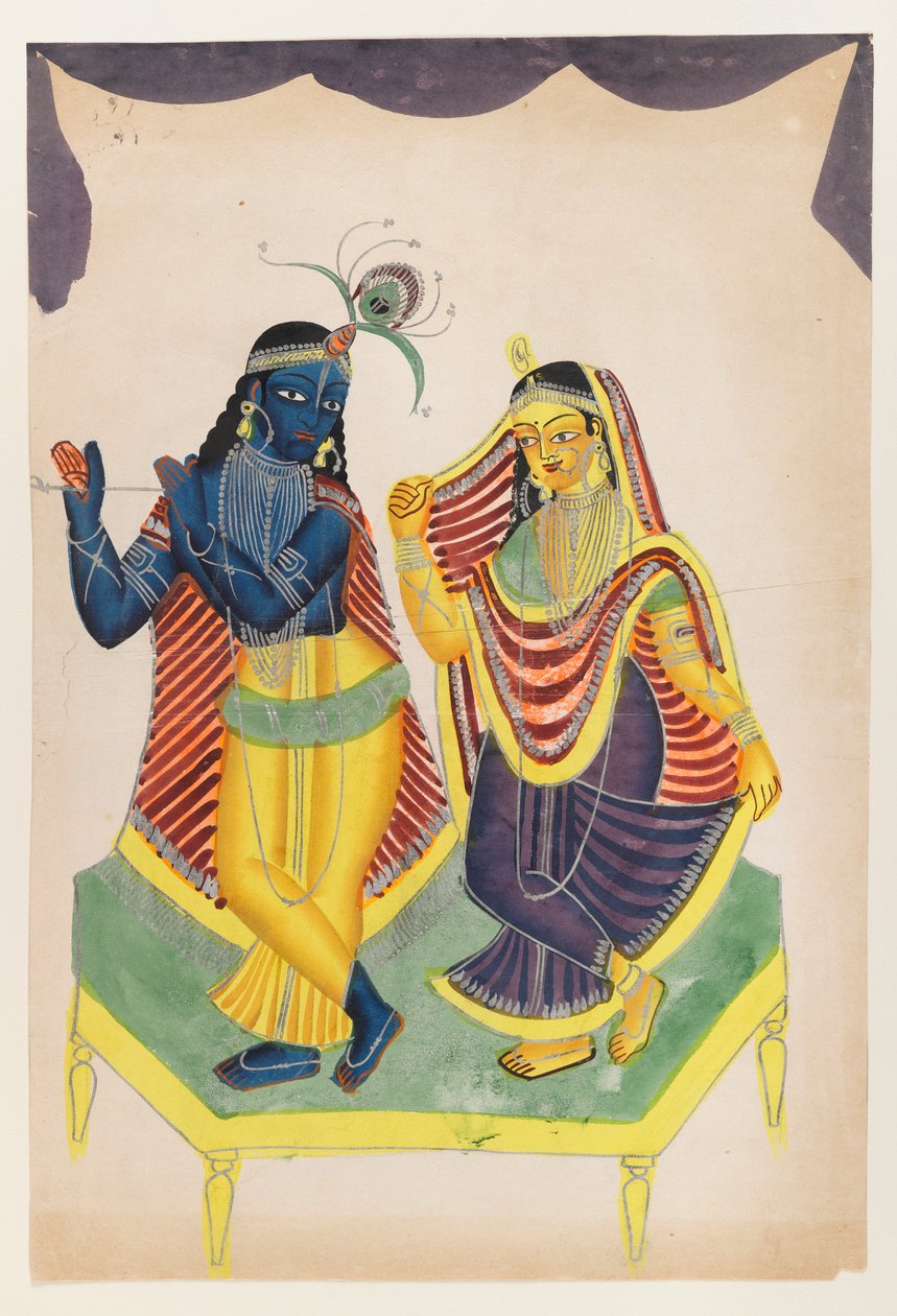 Krishna e Radha, do final do século XIX ao início do século XX (wc em papel com detalhes em estanho polido) de Indian School