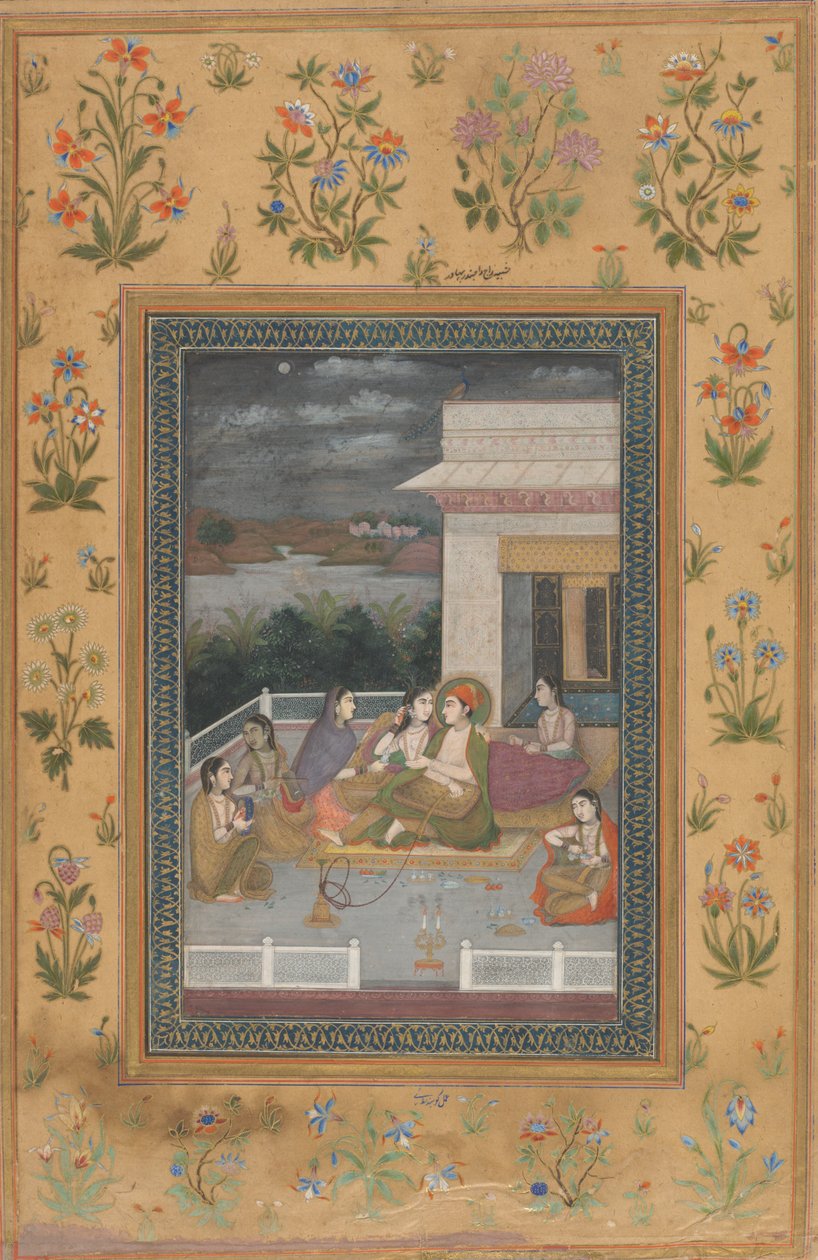 Um casal em um terraço cercado por atendentes e músicos de Indian 18th Century