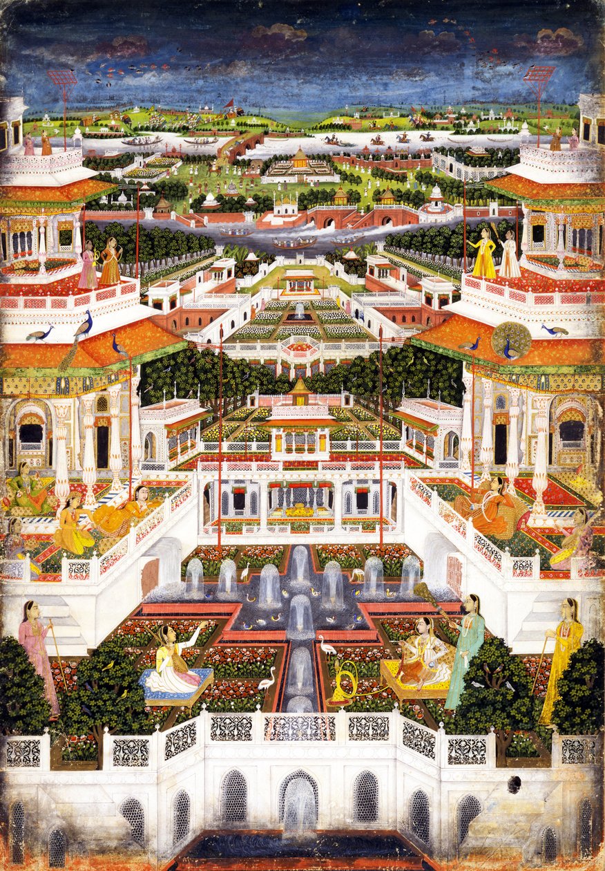Um complexo do palácio com jardins do harém, ca 1764-1765 de Indian Art