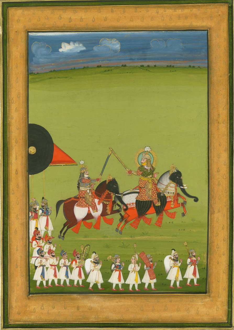 Rajah e filho em cavalos disfarçados de elefantes, e suíte de atendentes, c. 1810 de Indian Art
