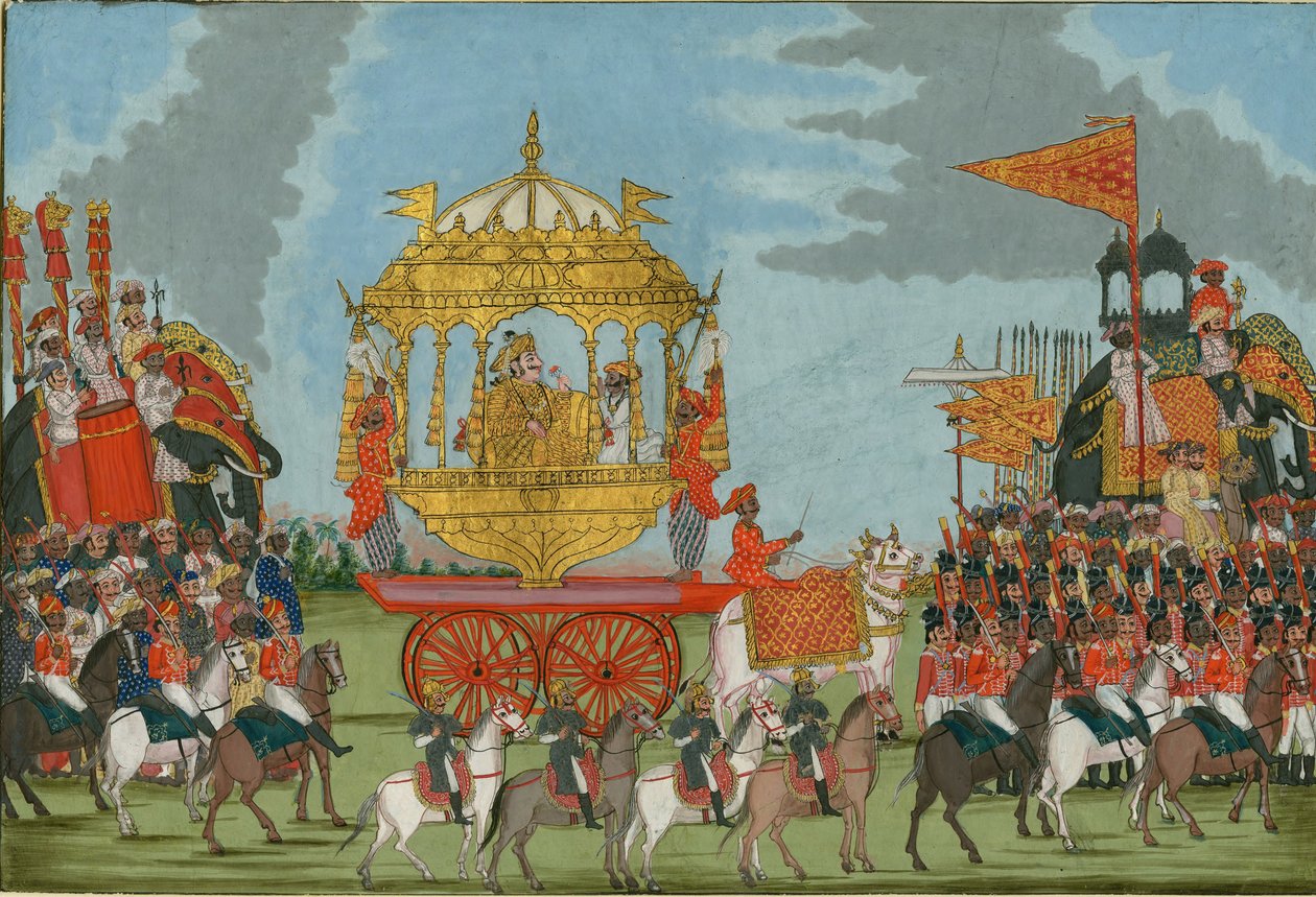 Rajah de Tanjore Montando um elefante em uma cerimônia de casamento, c. 1780 de Indian Art