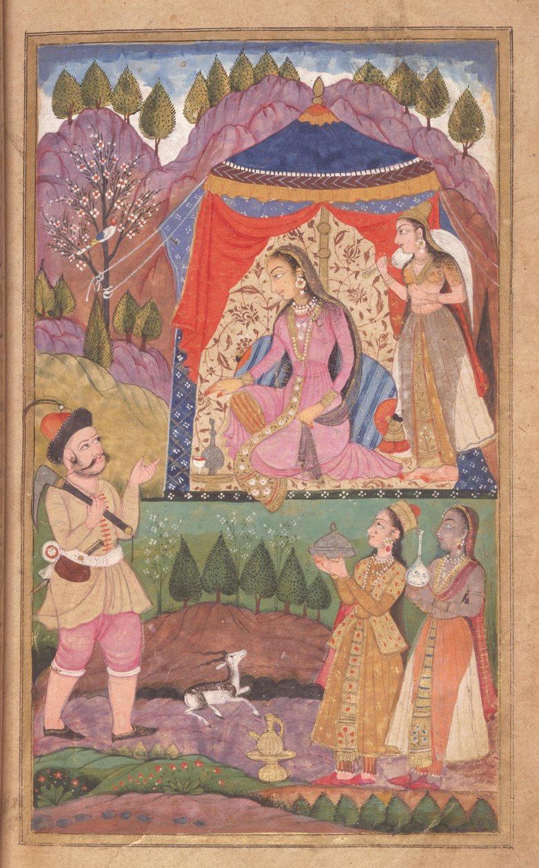 48.62 fólio 138 Farhad relata suas aventuras à princesa Shirin, de Khusrau e Shirin, Deccani School, 1722 de Indian School