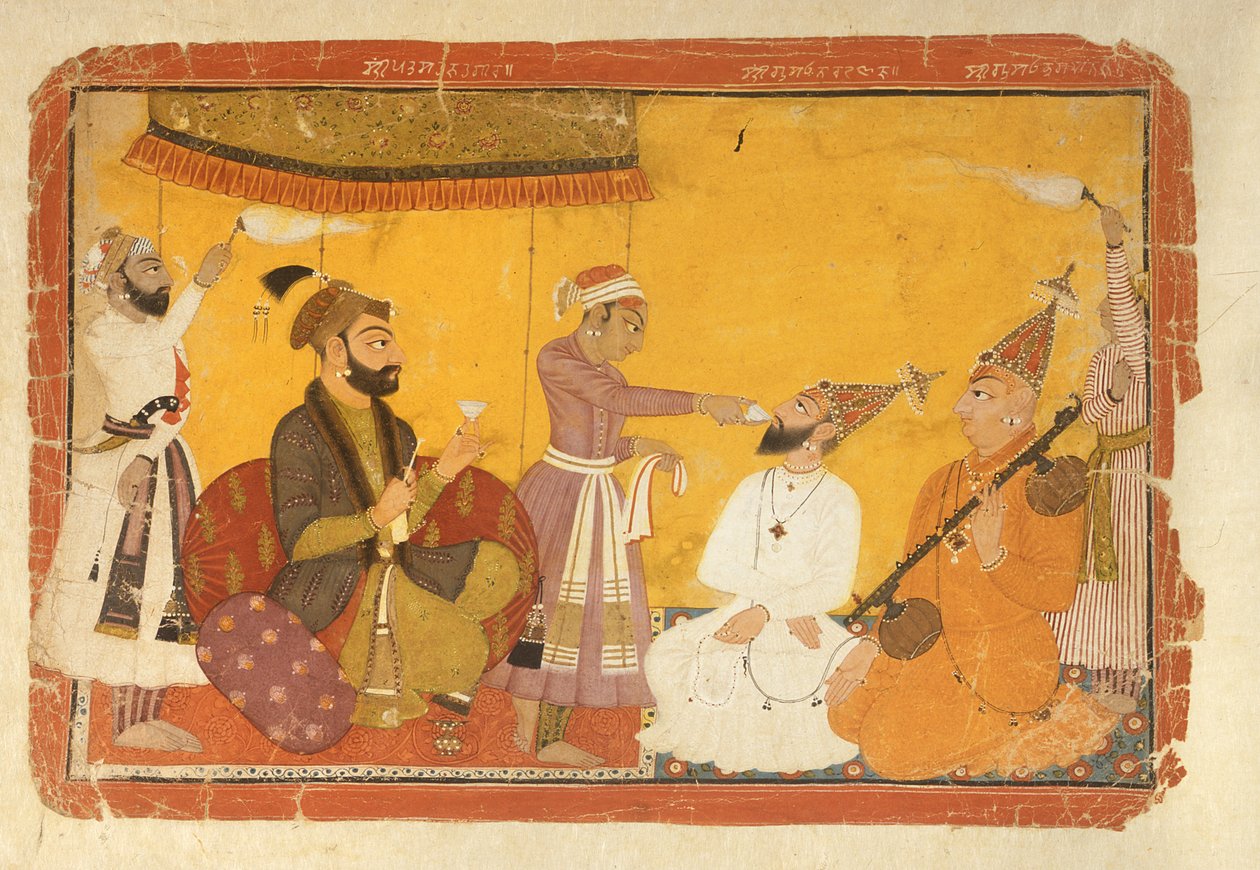 ] 7.110359 Gosain Narayan toma veneno na presença do Imperador Yahangir, Nurpur, Escola Pahari, 1725 de Indian School