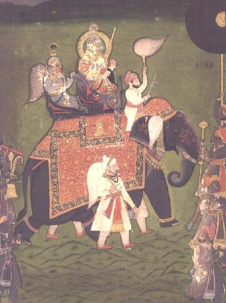 AS10 Álbum 43 no.4515 Rana Jawan Singh (1828-38) de Mewar cavalga sobre um elefante caparisoned, c.1835 (aguarela opaca) de Indian School