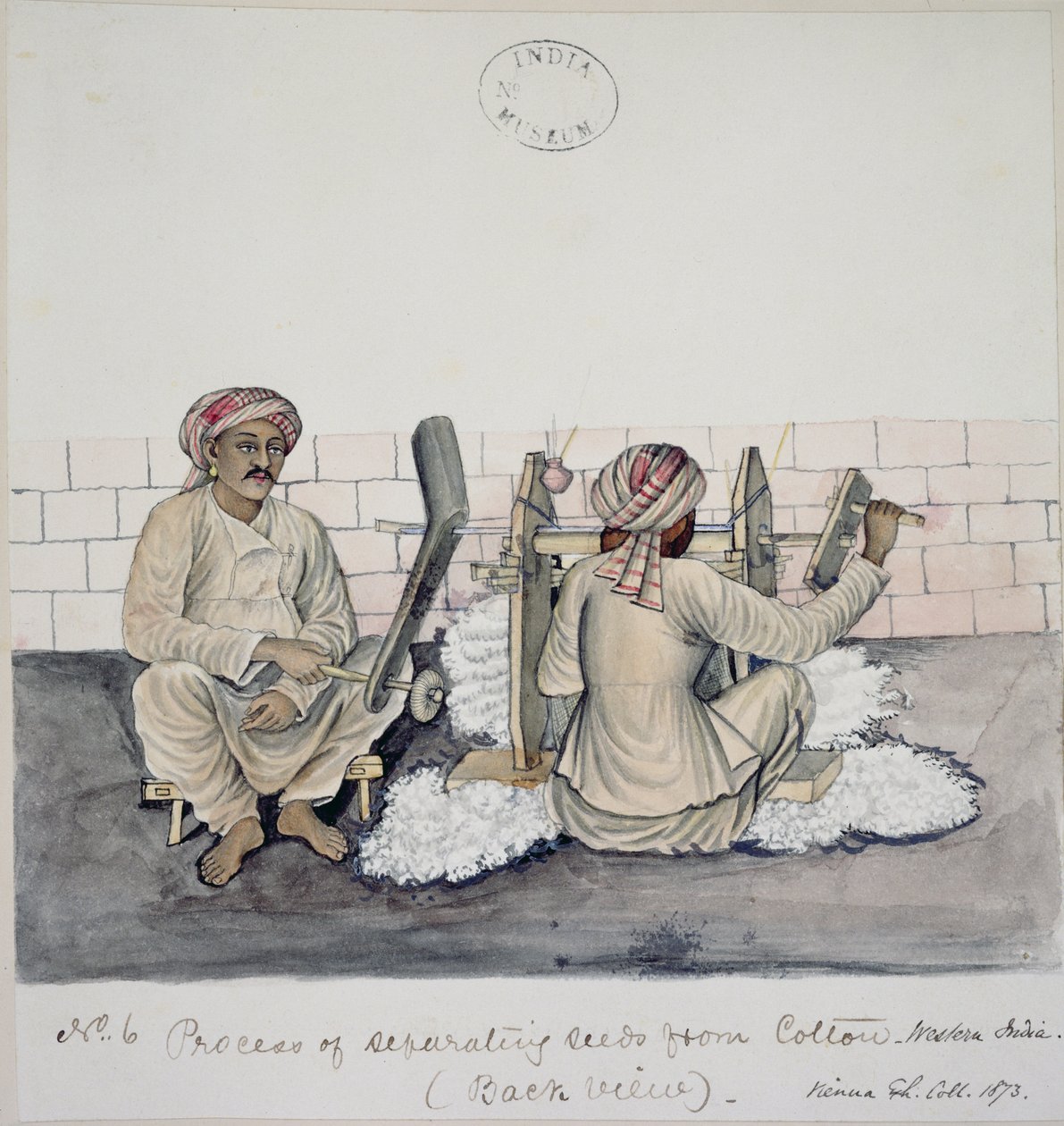 AS10 Vol.52 ff.3 4896.cat.201 i-iv Dois homens descaroçando algodão, Bombaim, c.1873 (aquarela sobre papel) de Indian School