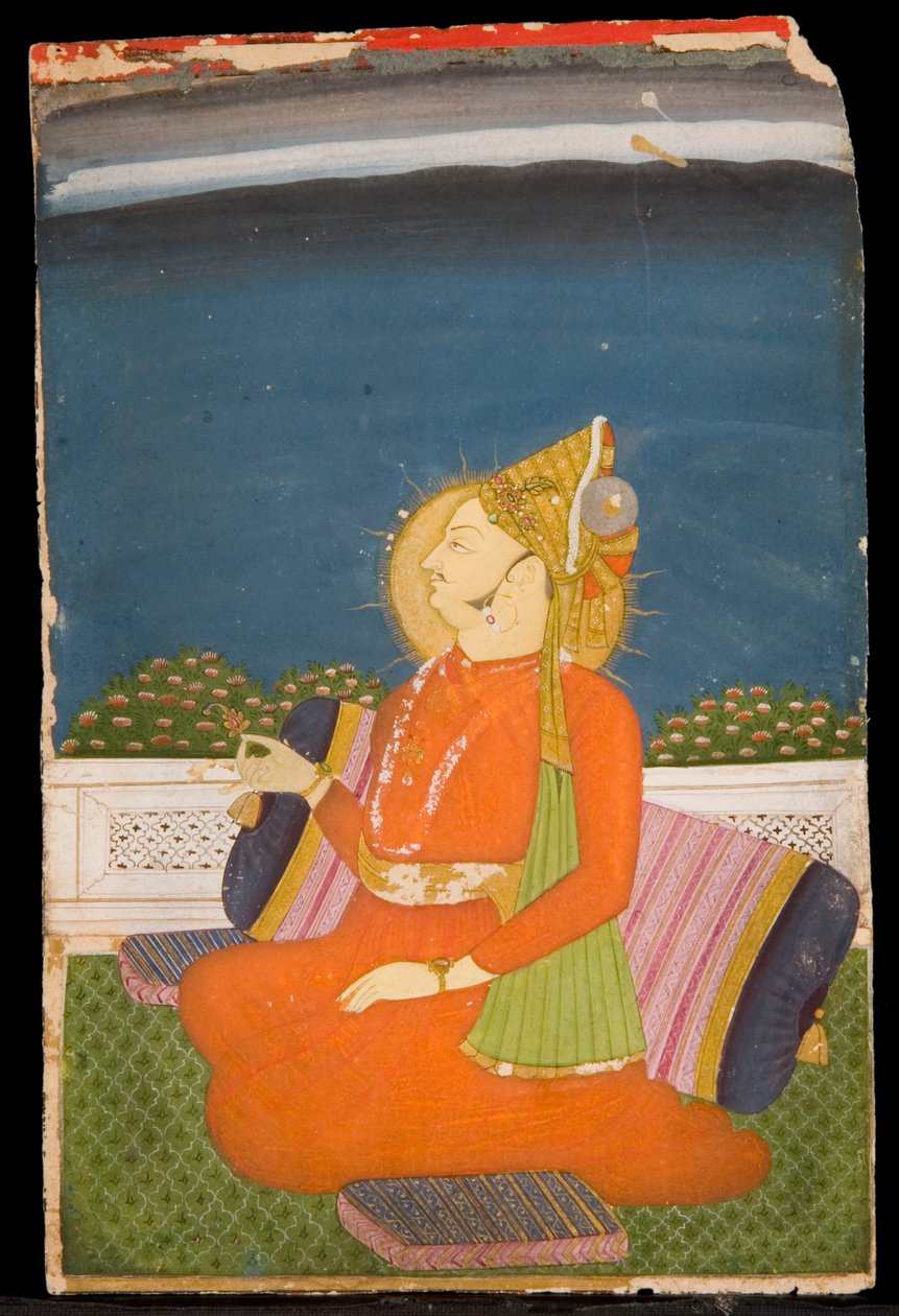 A Dignitary Bejeweled, vestindo um turbante emplumado, segurando um botão de lótus, sentado em um terraço de Indian School