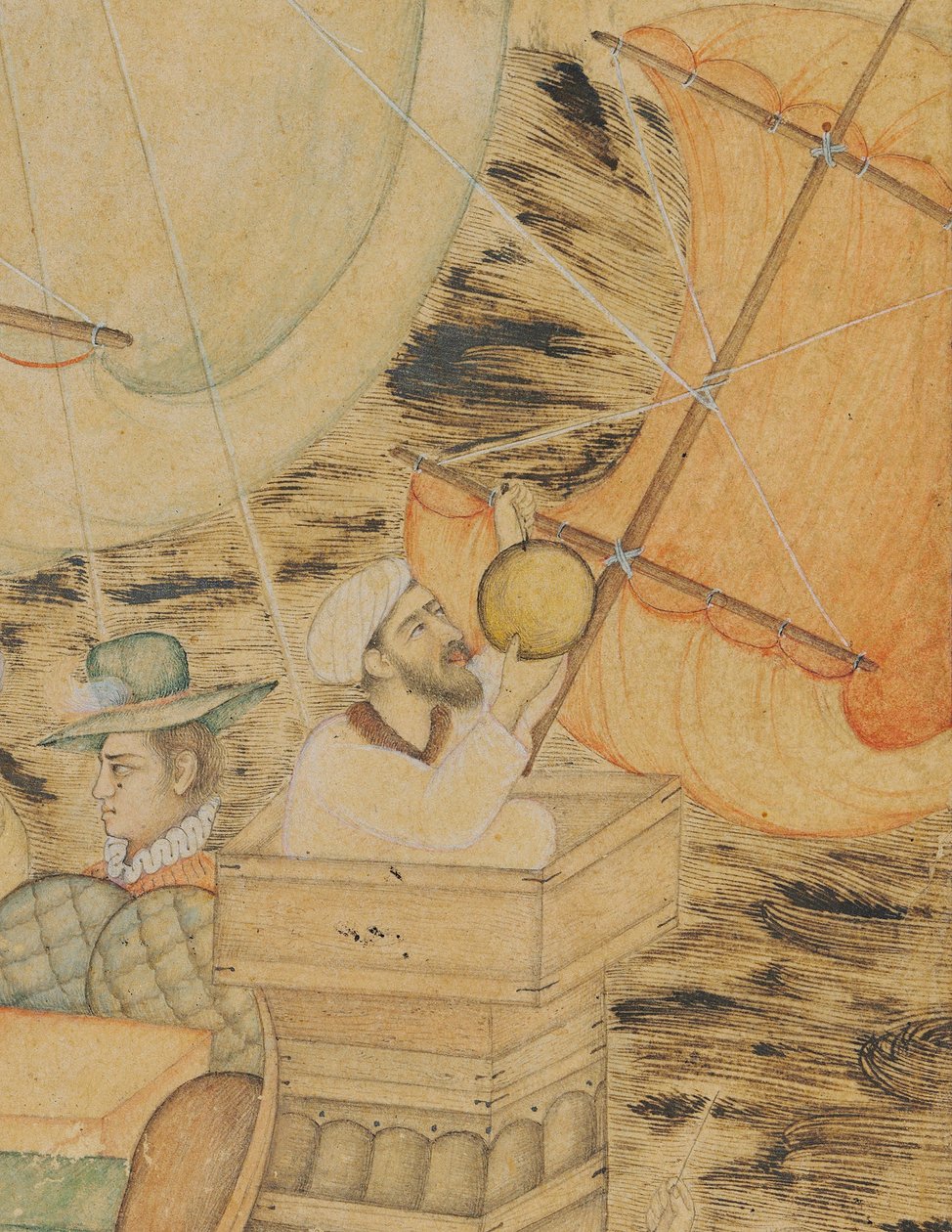 Uma caravela atacada por um monstro marinho, Mughal Índia, c.1590 (pigmentos opacos realçados com ouro e prata no papel) de Indian School