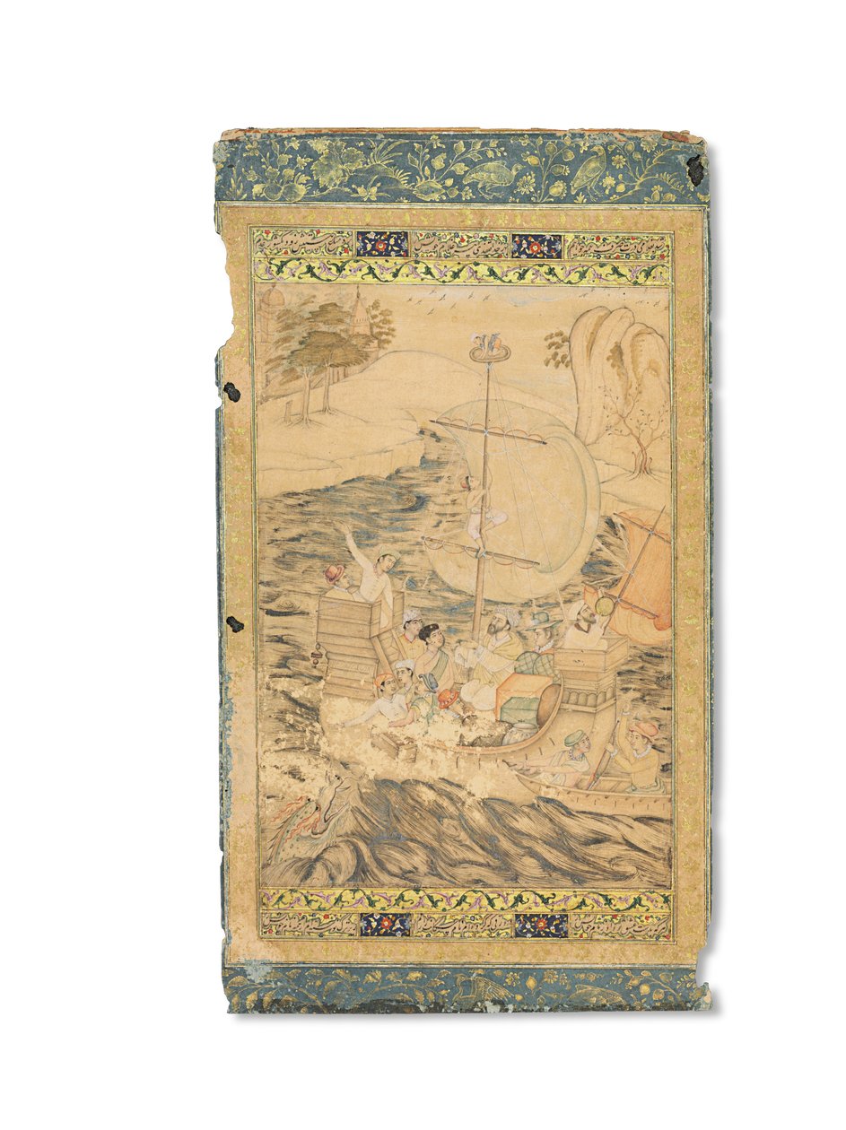 Uma caravela atacada por um monstro marinho, Mughal Índia, c.1590 (pigmentos opacos realçados com ouro e prata no papel) de Indian School