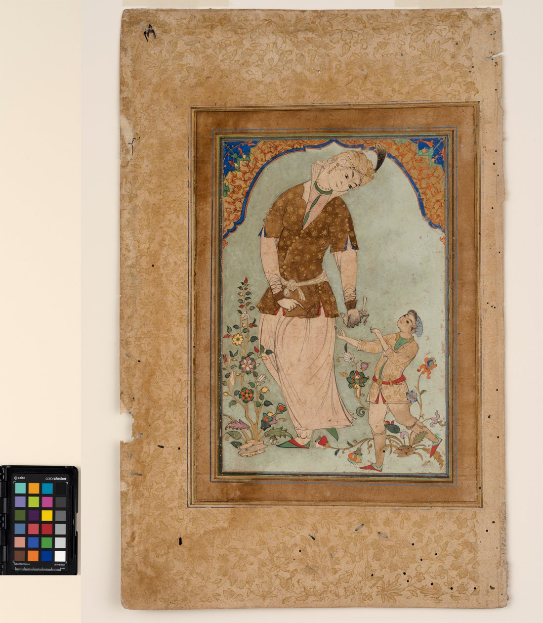 Um falcoeiro aceita sua presa de uma página, c.1580 (aquarela opaca e ouro sobre papel, montada em uma página de álbum) de Indian School