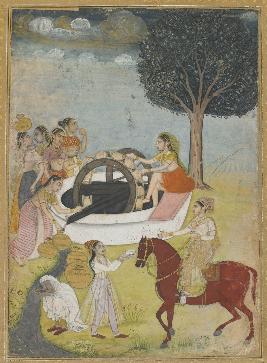 Um grupo de mulheres em um poço (wc opaco e ouro no papel) de Indian School