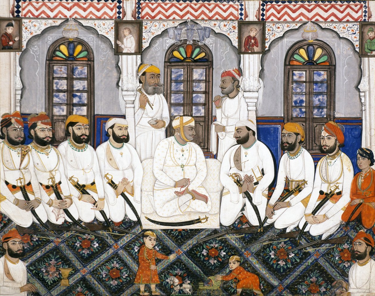 Um raja Jaipur vestido para adoração em durbar, c.1845 (wc opaca e ouro sobre papel) de Indian School