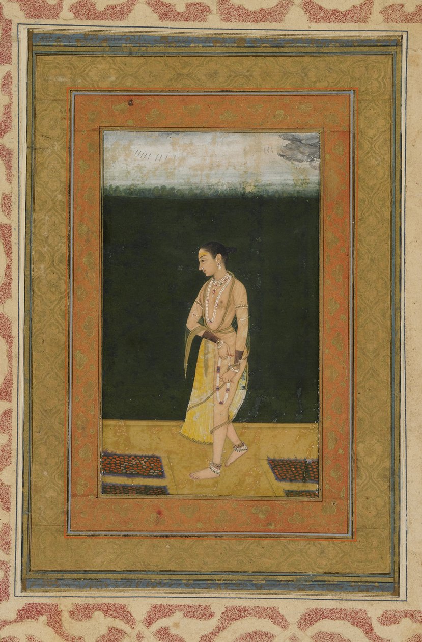 Uma senhora caminha em um jardim, álbum folio com pintura, c.1730 de Indian School
