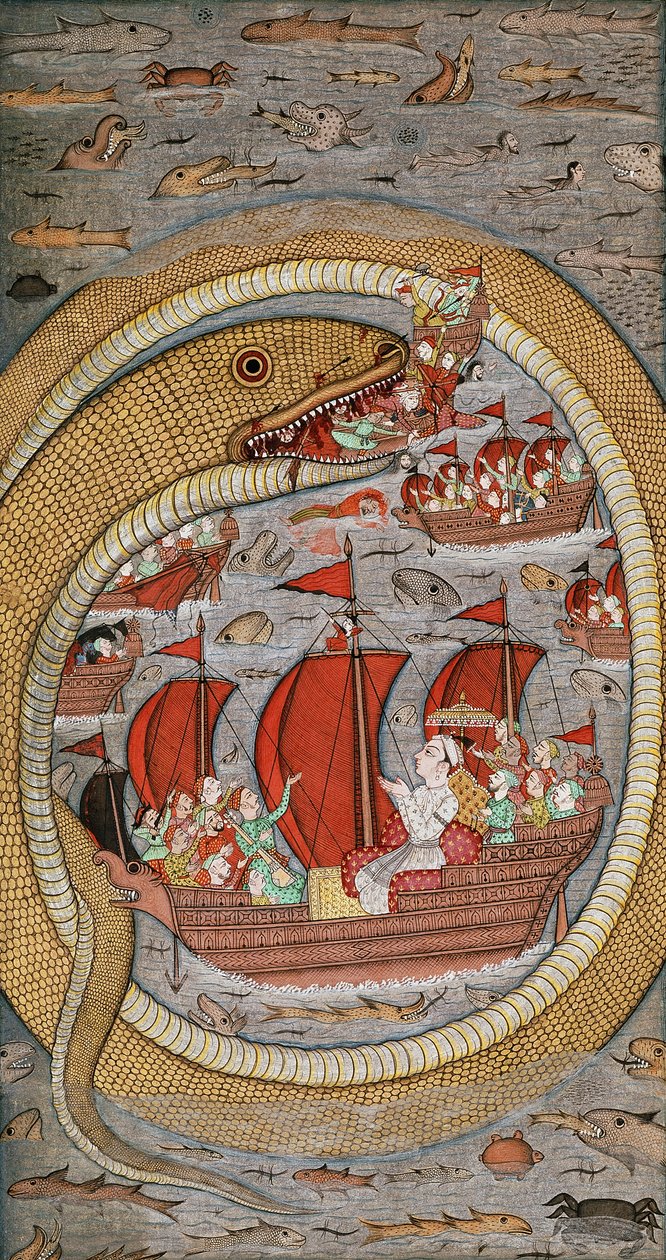 Uma serpente monstruosa devorando a frota real, c.1670-1690 de Indian School