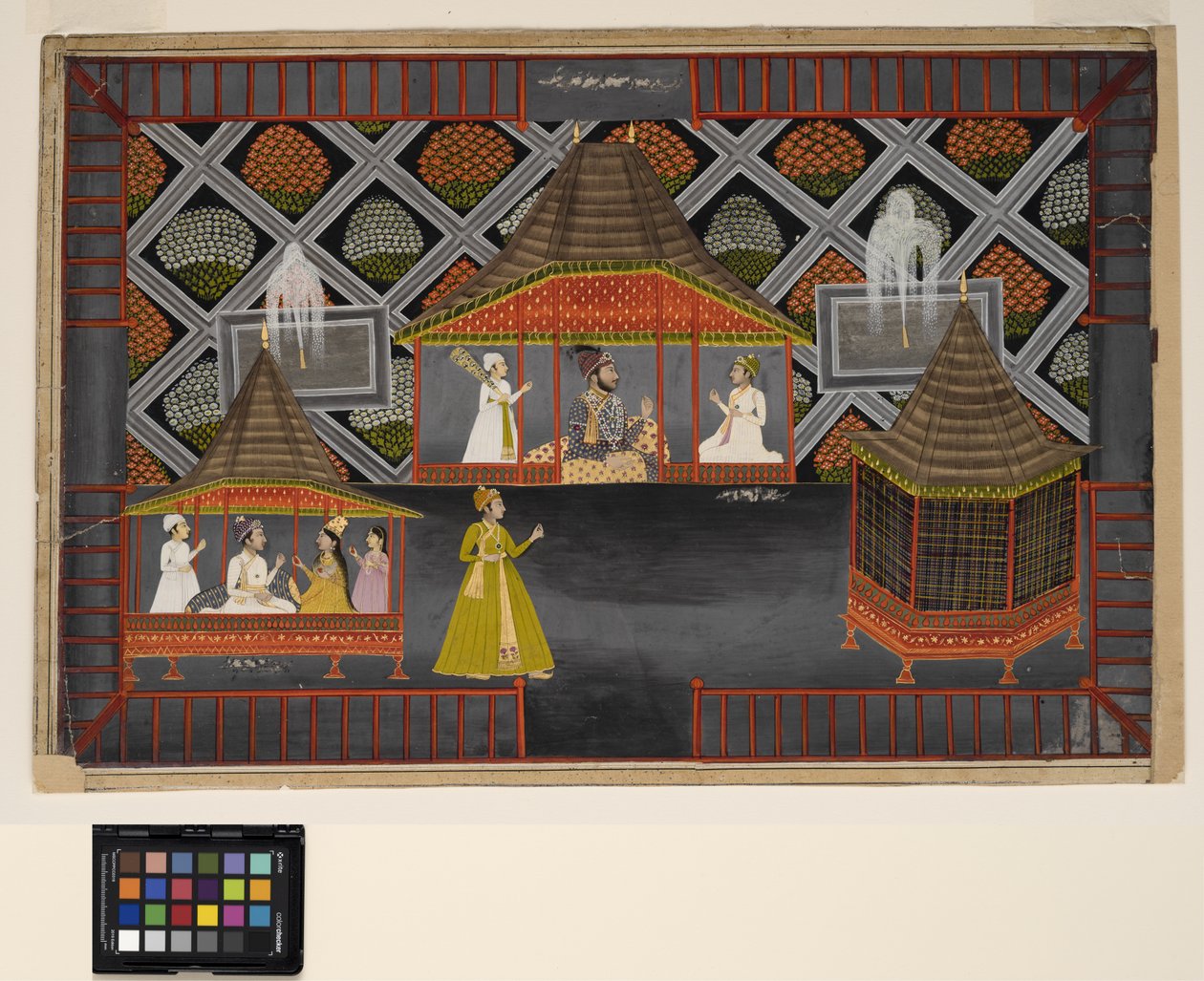 Um Nawab e seus filhos em um pavilhão de jardim, c.1770 (opaco w - c, prata e ouro no papel) de Indian School