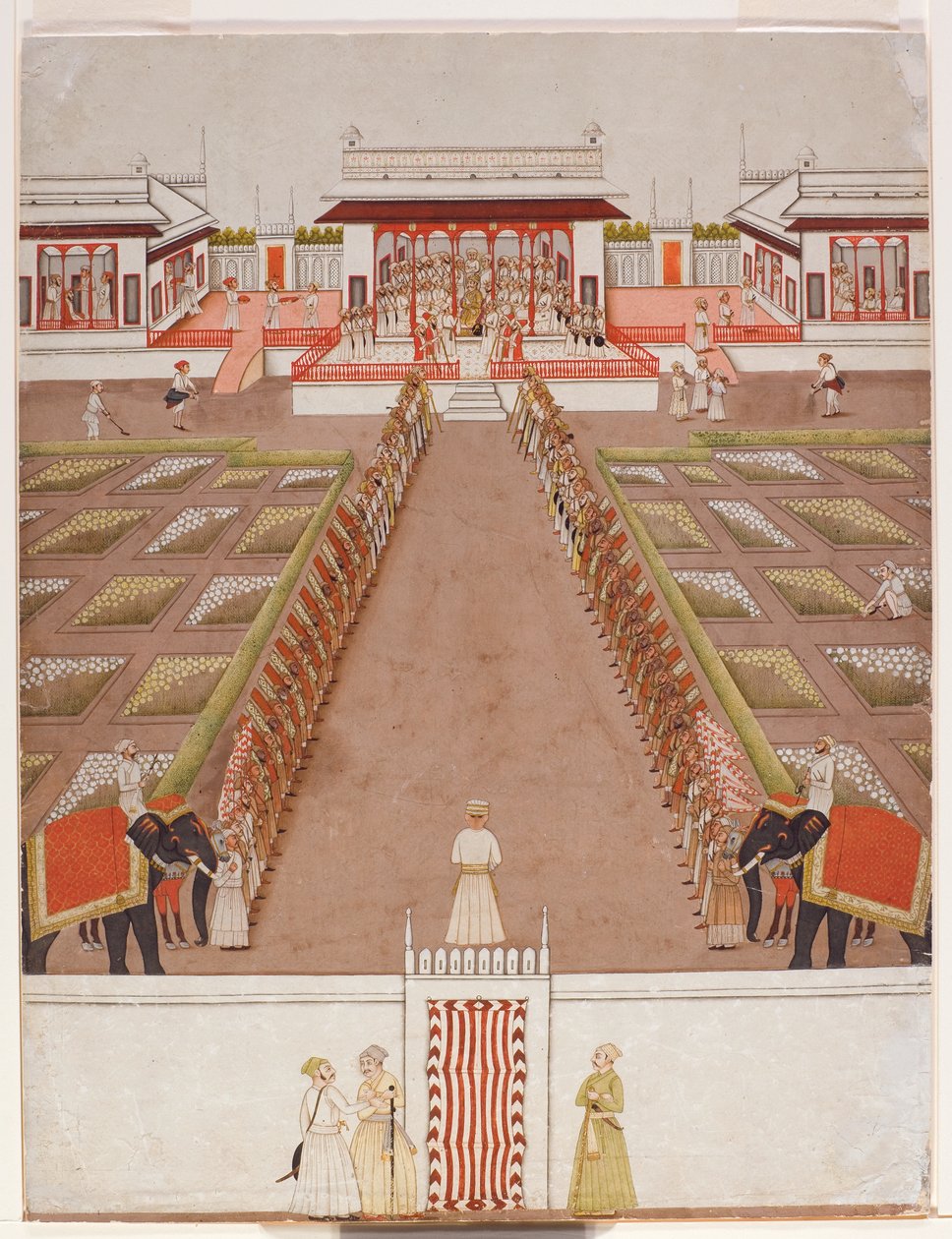 Uma quadra de Nawab dentro de um pavilhão, além de uma avenida de retentores e dois elefantes, cerca de 1765 (wc opaco e ouro sobre papel) de Indian School