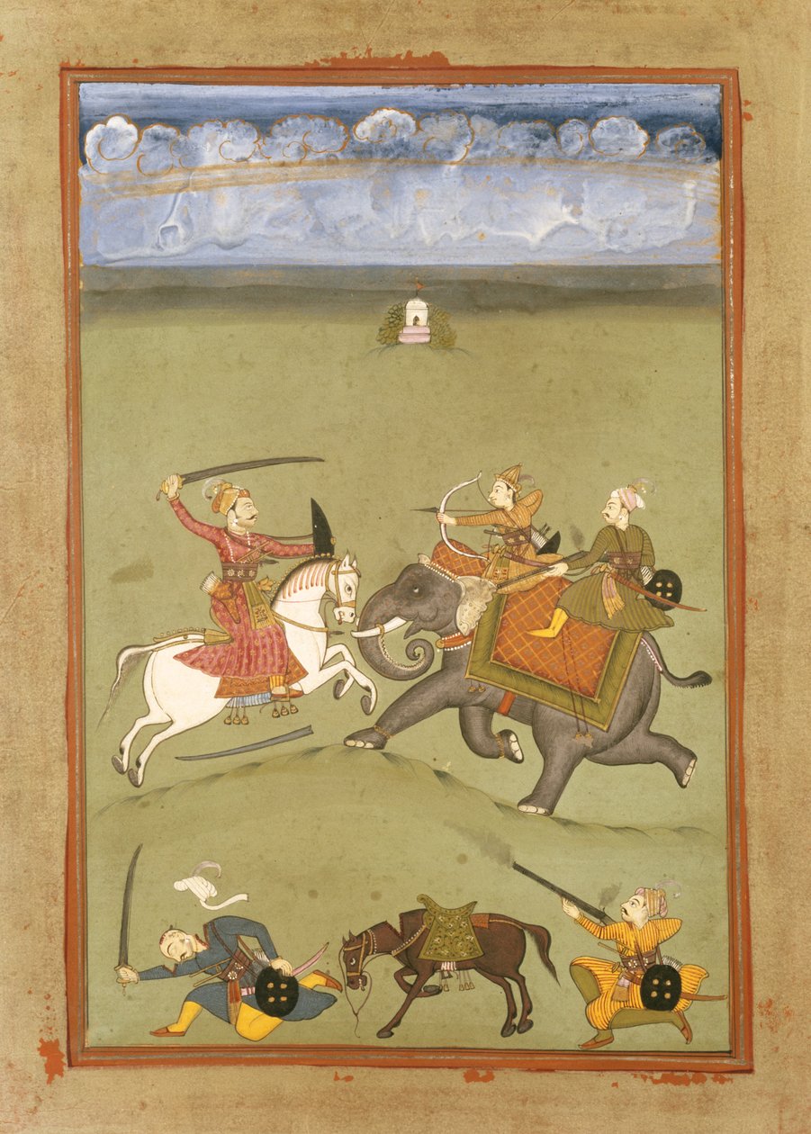 Um príncipe lutando contra seus inimigos em um elefante, c.1710 de Indian School