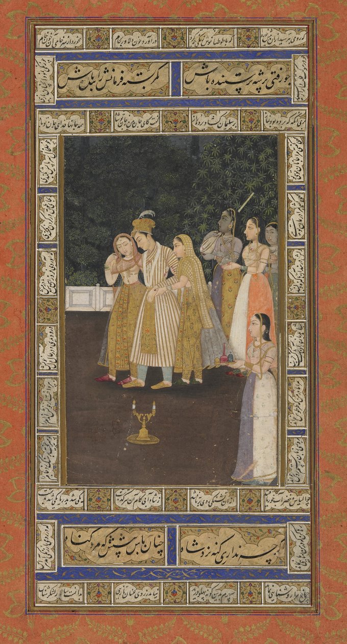 Um Príncipe com Atendentes de Harém, Álbum folio com pintura, início do século XVIII (aguarela opaca, tinta e ouro sobre papel) de Indian School
