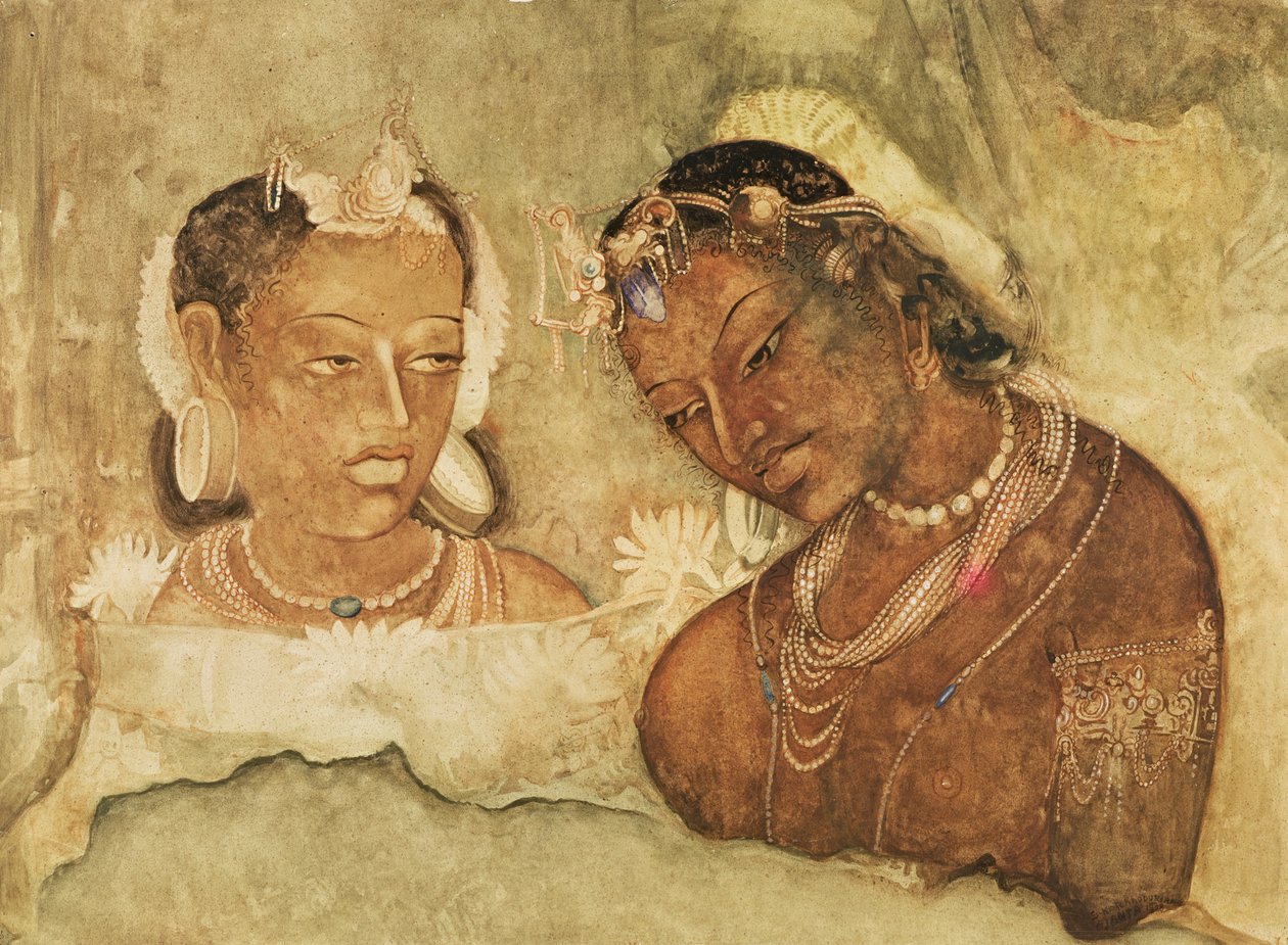 Uma princesa e seu empregado, cópia de um afresco das cavernas de Ajanta, Índia de Indian School