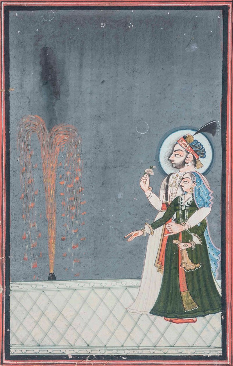 Raja e Rani assistindo fogos de artifício, c.1815 de Indian School
