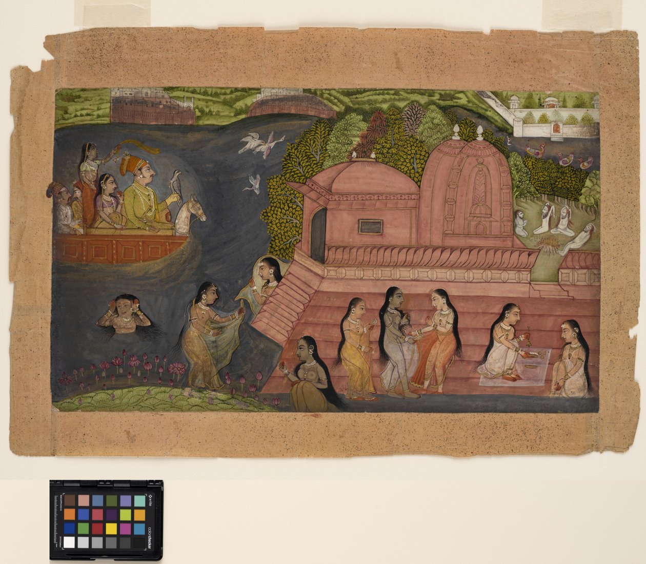 Um Raja apregoando de um barco encontra belezas banhando-se em um templo, c.1695 (aquarela opaca e ouro sobre papel) de Indian School