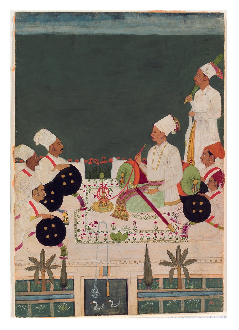 Um chefe de Rathore com seus parentes, c.1700 (wc opaca e ouro no papel) de Indian School