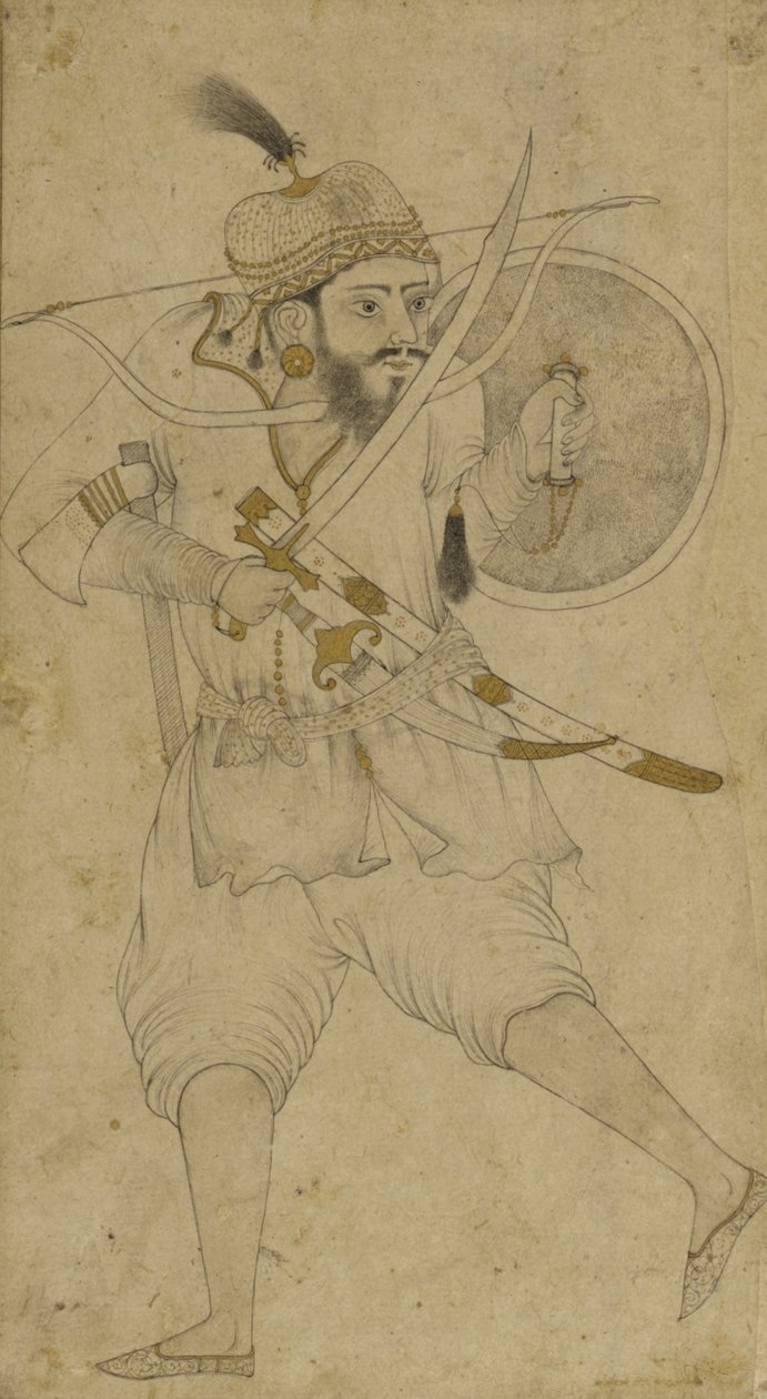 Um soldado tártaro, Ahmadnagar, planalto Deccan (tinta e ligeiro tom no papel) de Indian School