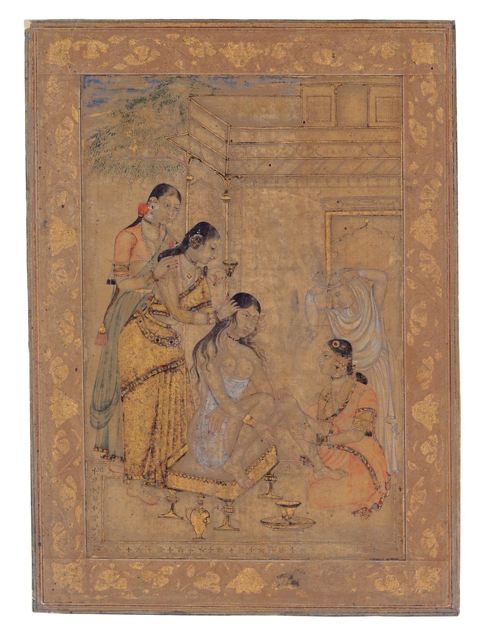 Uma toilette da mulher nova, 1675-1700 (wc opaco e ouro no papel) de Indian School
