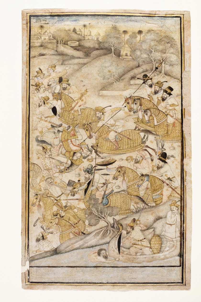 Uma batalha travada pelos europeus, c.1700 (wc opaca e ouro no papel) de Indian School