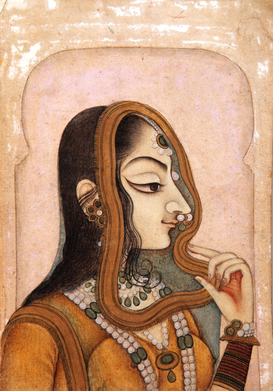 Uma mulher bonita, emoldurada por um arco, c.1800 (wc opaca e ouro sobre papel) de Indian School