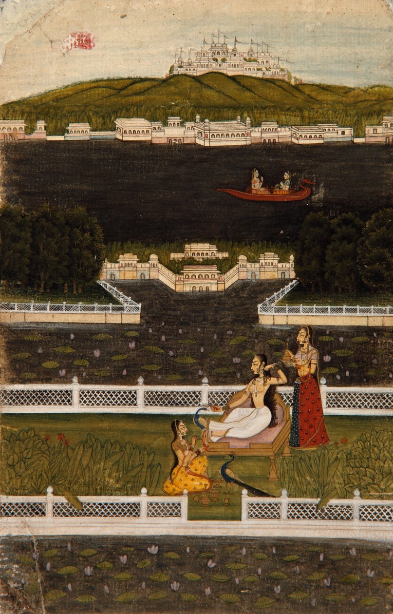 Uma mulher bonita em um terraço do lago, c.1770 (wc opaca e ouro no papel) de Indian School