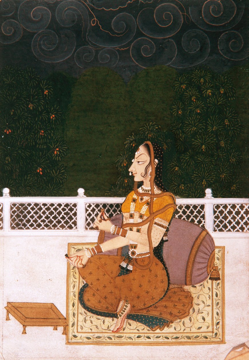 Uma mulher bonita sentada contra um travesseiro, c.1775 (wc opaca e ouro sobre papel) de Indian School