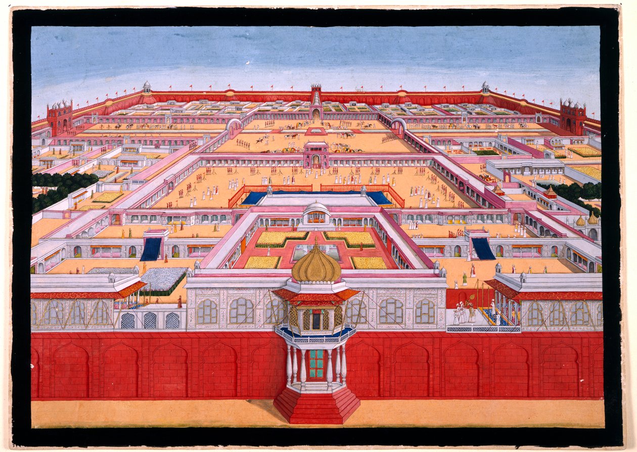 Vista aérea do Forte Vermelho de Deli a partir de leste, mostrando um imperador, provavelmente Shah Alam (1759-1806) a entrar no Diwan-i-Khas à direita, c.1780-90 (aguarela opaca)) de Indian School