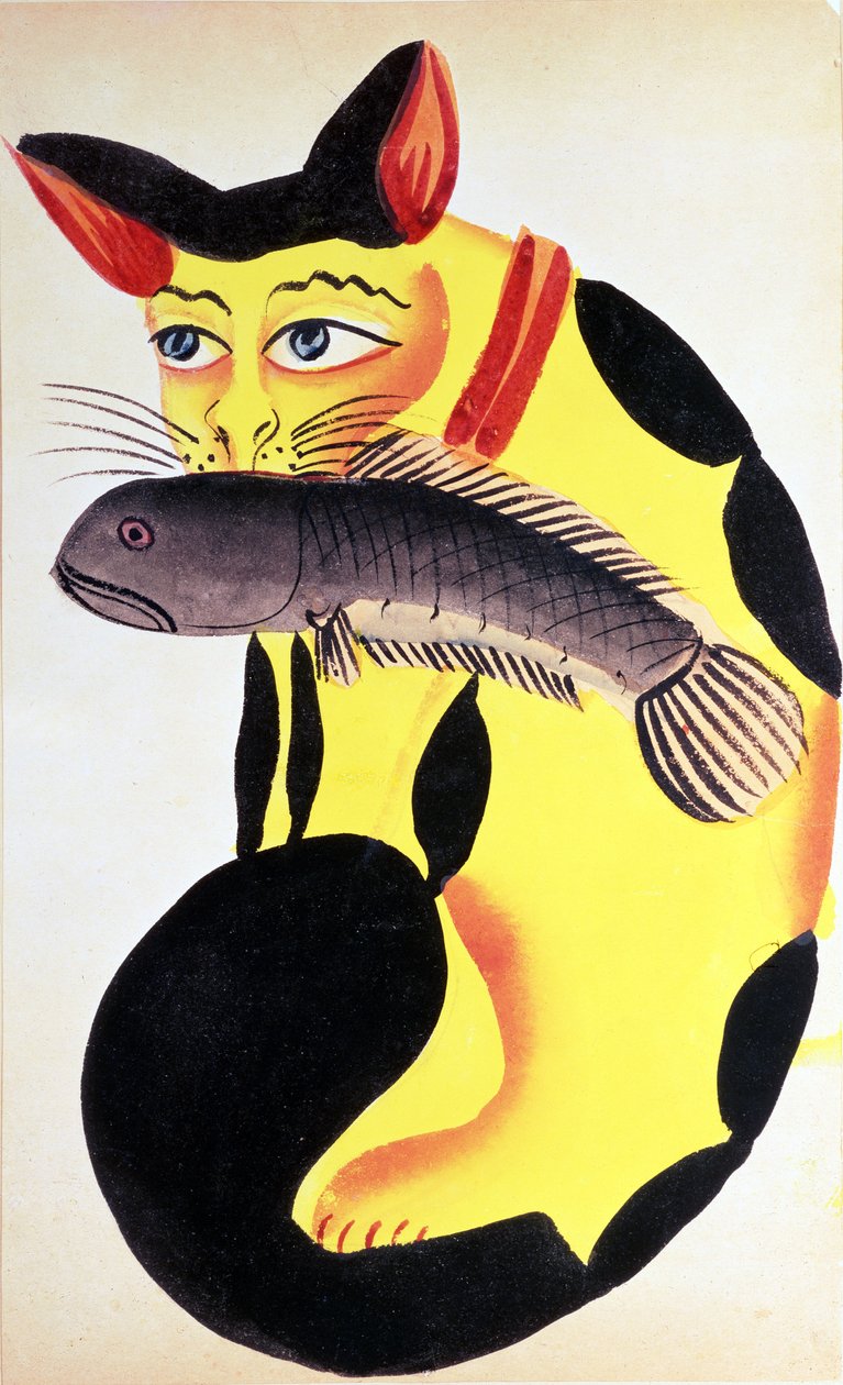 Um gato com um peixe na boca, da coleção de Rudyard Kipling, Calcutá, c.1890 (wc no papel) de Indian School