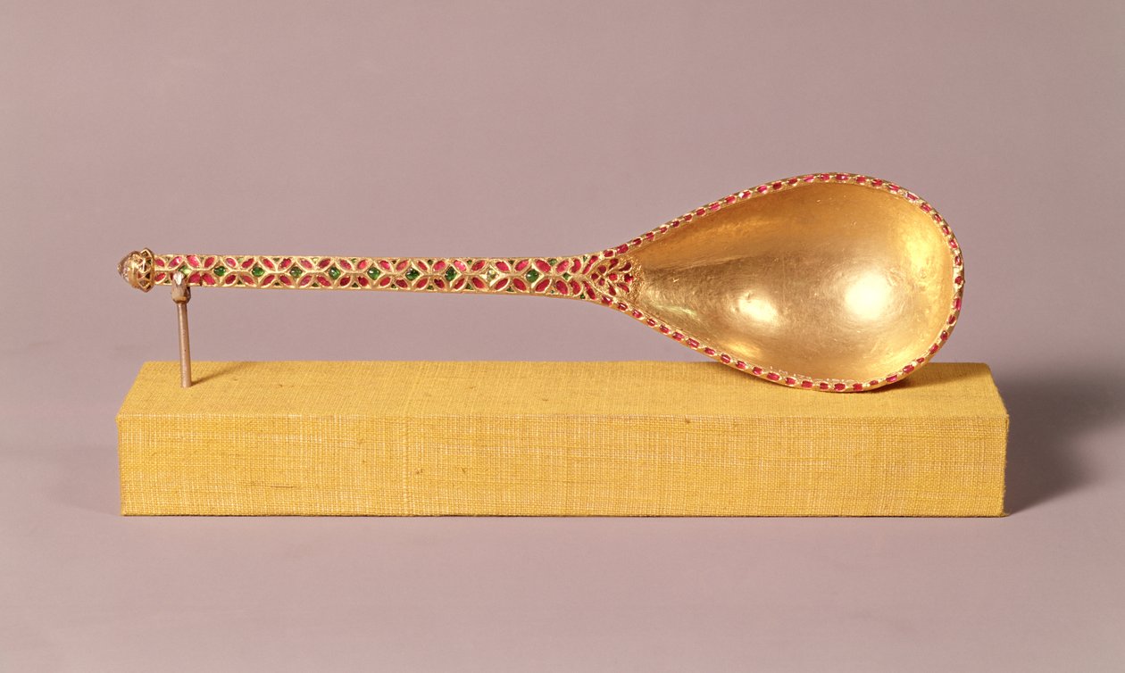 Uma colher cerimonial adornada com rubis, esmeraldas e um diamante, Mughal (ouro e pedras preciosas) de Indian School