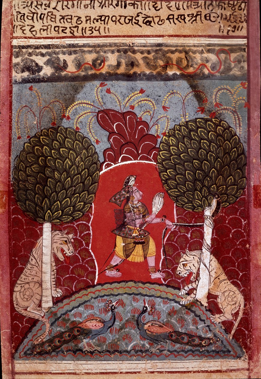 Uma cobra cobra-cobra é capturada numa floresta povoada de animais Miniatura da escola de Malwa (Índia) por volta de 1680 Colecção privada de Indian School