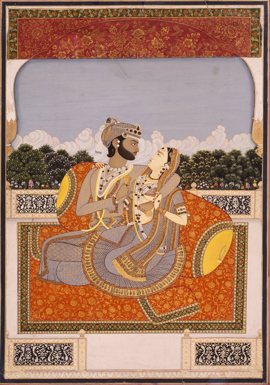 Um casal se abraça em um terraço, c.1835 (wc opaca, laca, ouro e vidro sobre papel) de Indian School