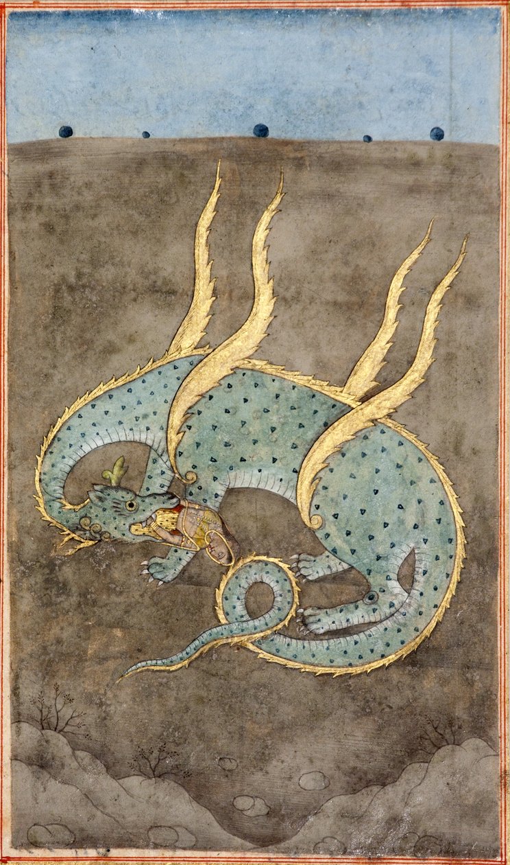 Um dragão devorando uma mulher (wc opaca e ouro no papel) de Indian School