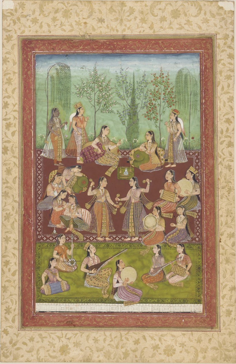 Um grupo de mulheres em um jardim, entretendo-se com música e dança (cor e ouro no papel) de Indian School