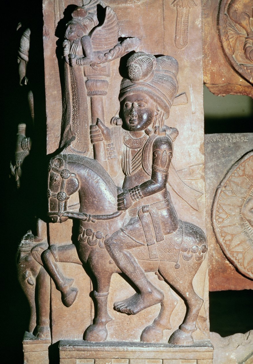 Um cavaleiro, detalhe de um portão de uma stupa budista, de Bharhut, Madhya Pradesh, Período Mauryan, Dinastia Sunga (180-72 aC) de Indian School