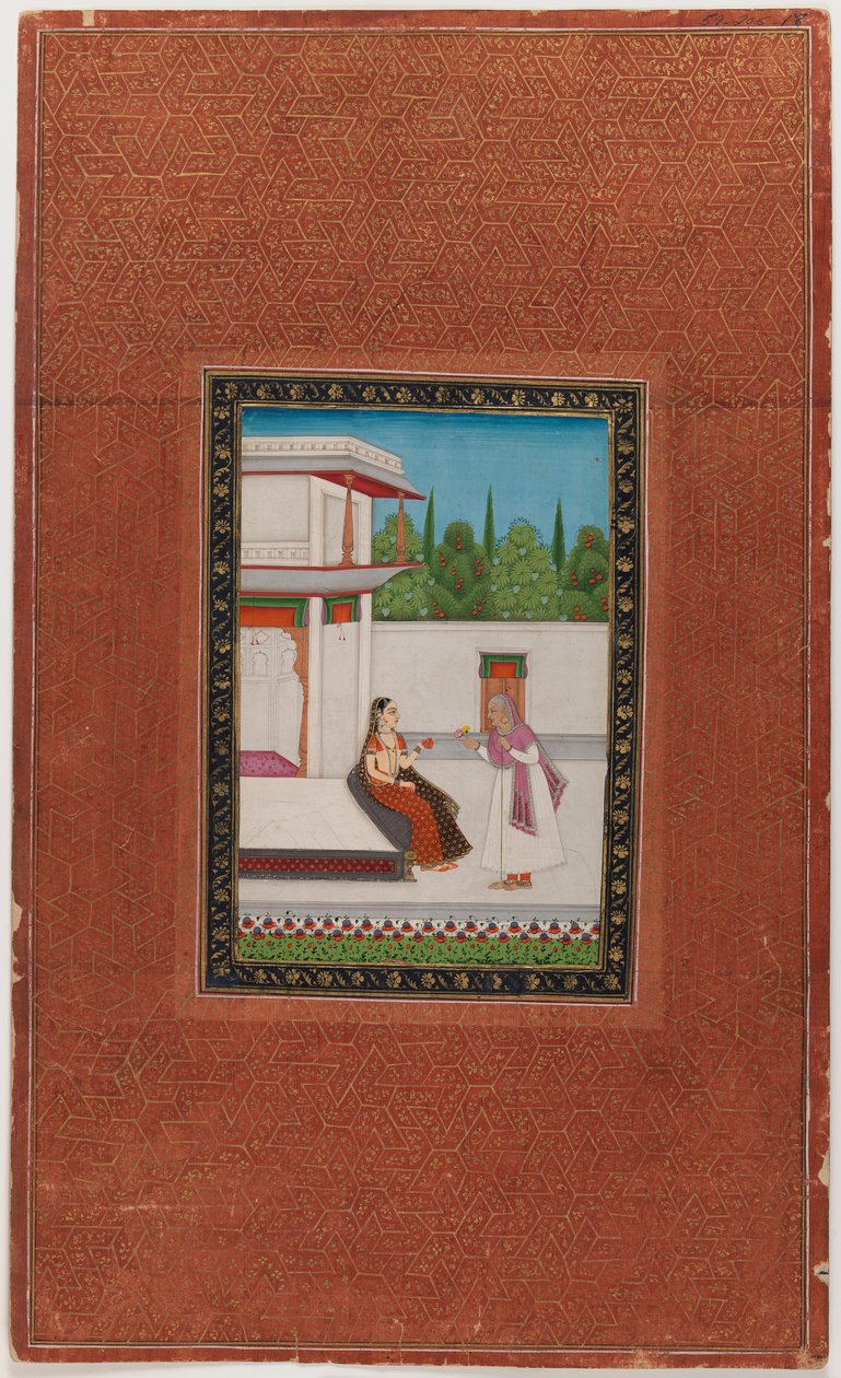 Uma senhora e sua empregada idosa, 1875-1900 (wc opaca e ouro no papel) de Indian School