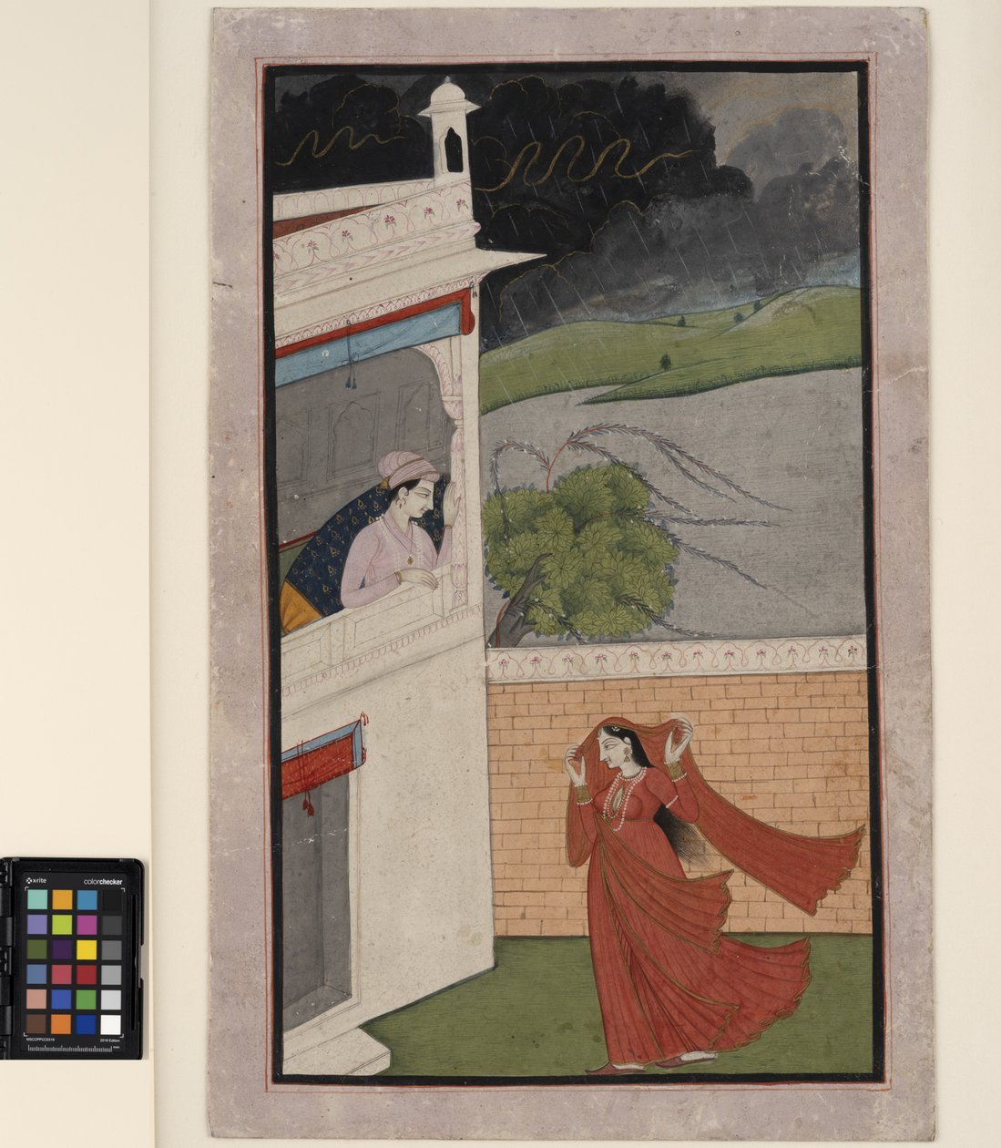 Uma senhora chega à casa de seu amante no meio de uma tempestade, por volta de 1830 (opaco w - c e dourado no papel) de Indian School