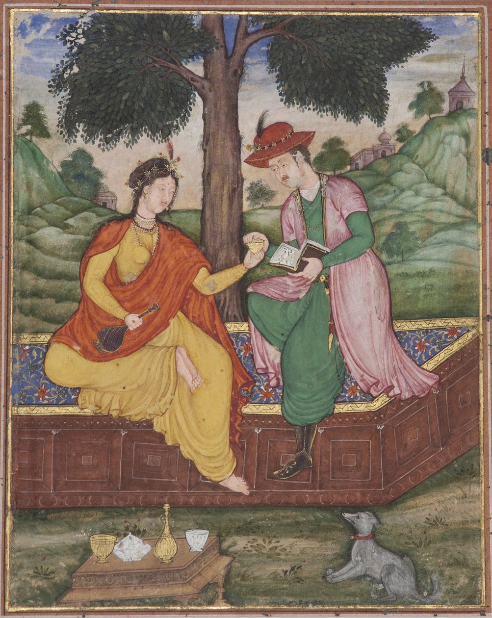 Um homem e uma mulher sentados debaixo de uma árvore, c.1590 (wc opaco no papel) de Indian School