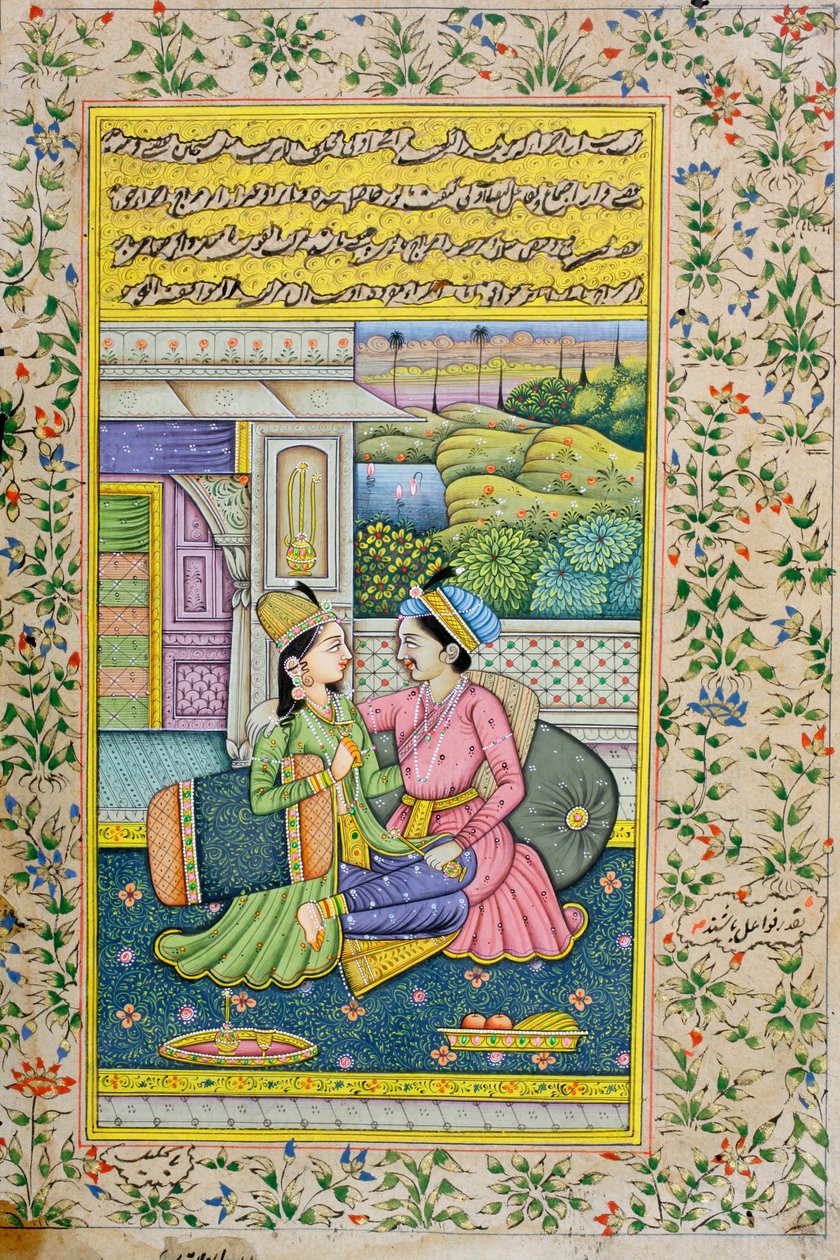 Um homem corteja uma mulher em um ambiente luxuoso, pintura em miniatura de Rajasthani de Indian School